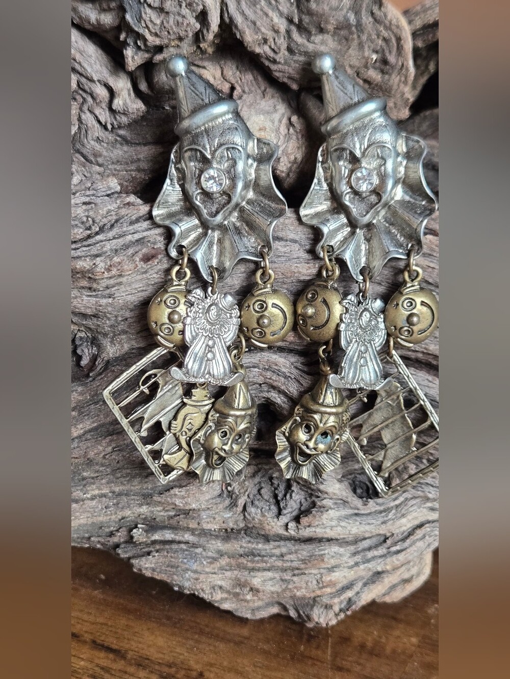 Vintage Figural Clown Charm Clip-On Earrings Gold & Silver Tone Rhinestone 3¼"
